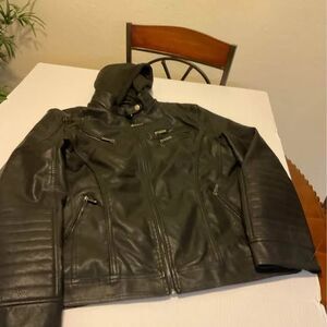 American Breed Motorcycle Style Black Leather Hoodie Jacket XL Zippers
